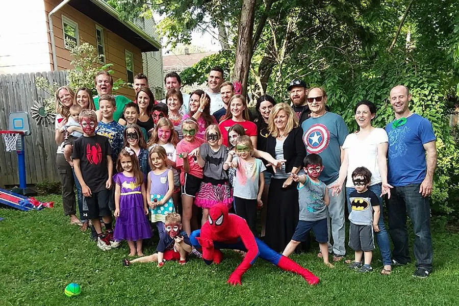 picture of a Spiderman hero character with kids at a birthday party in Wayne, PA